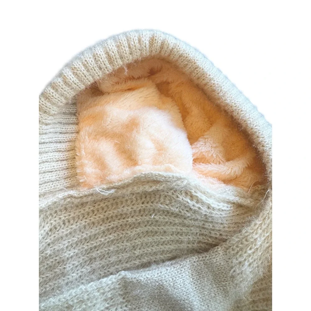 🌴 Cream Knit Hooded Scarf Faux Fur Lined Beanie Scoodie Ivory Winter Wrap